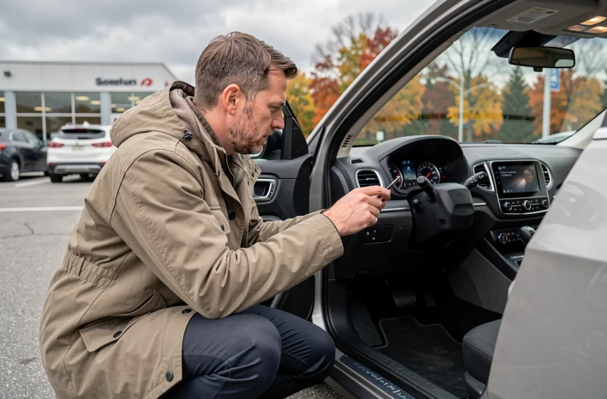 Homme inspectant l'intérieur d'un SUV compact lors d'un essai routier en concession