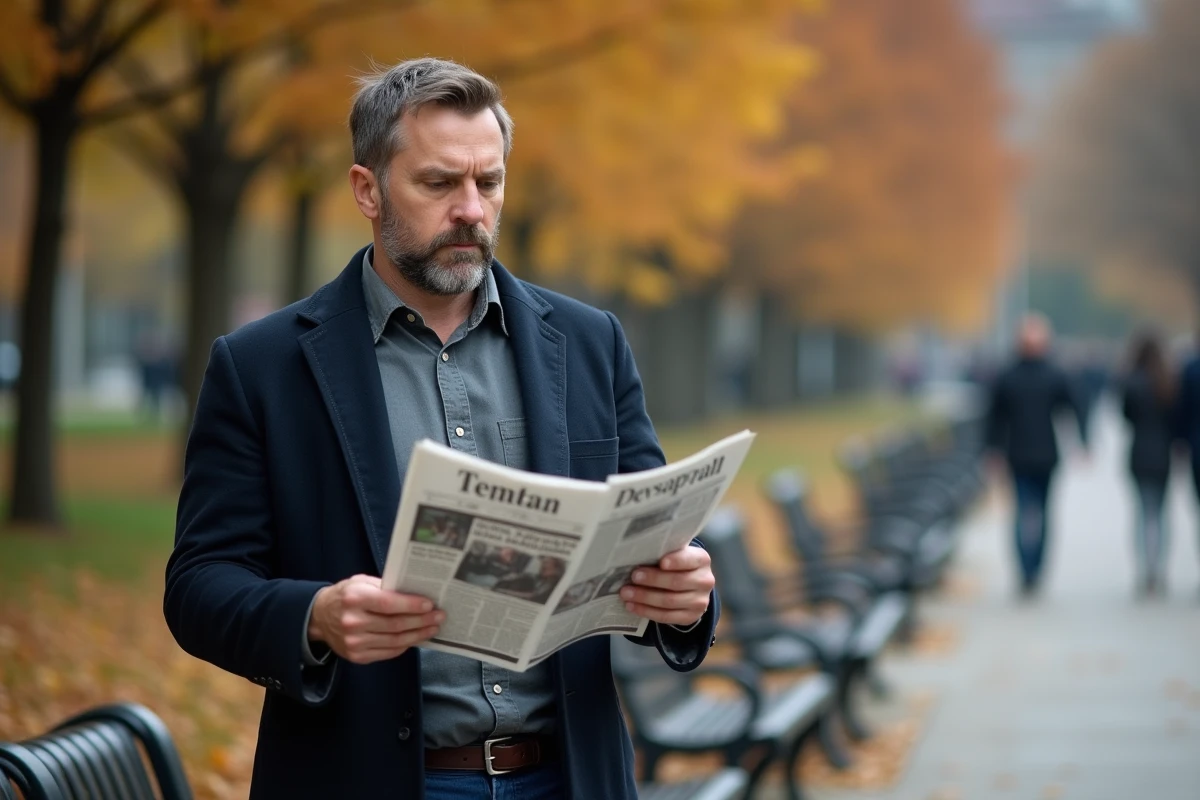 Homme lisant un journal people dans un parc urbain en automne, sceptique face aux rumeurs sur un couple