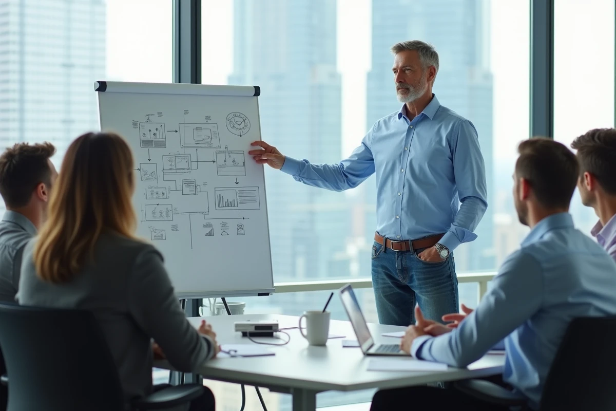 Homme d age moyen expliquant une strategie devant un tableau blanc