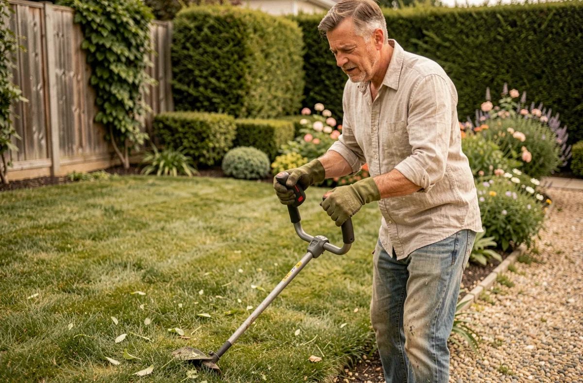 Homme utilisant un rotofil sans fil pour délimiter les bordures d'une pelouse soignée dans un jardin suburban