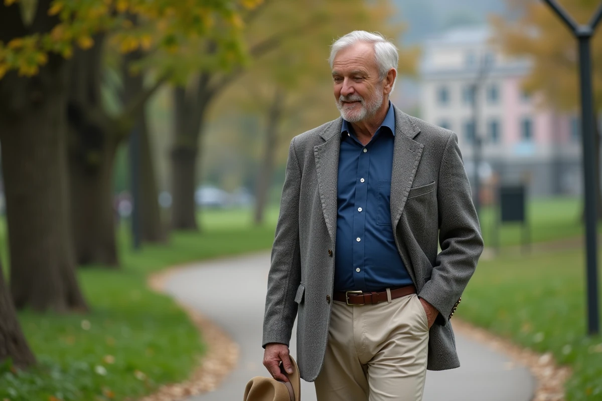 Homme de 70 ans dans un parc urbain verdoyant
