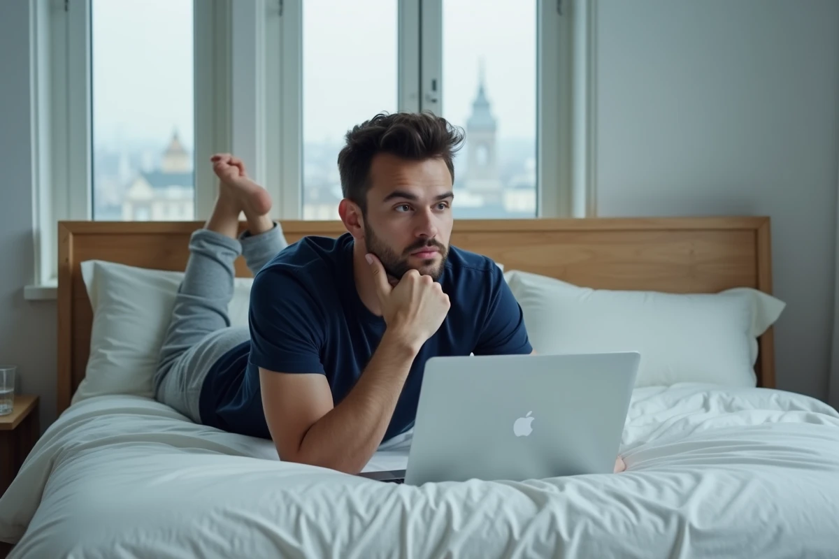 Homme regardant une plateforme de streaming sur son ordinateur portable allongé sur son lit dans une chambre minimaliste