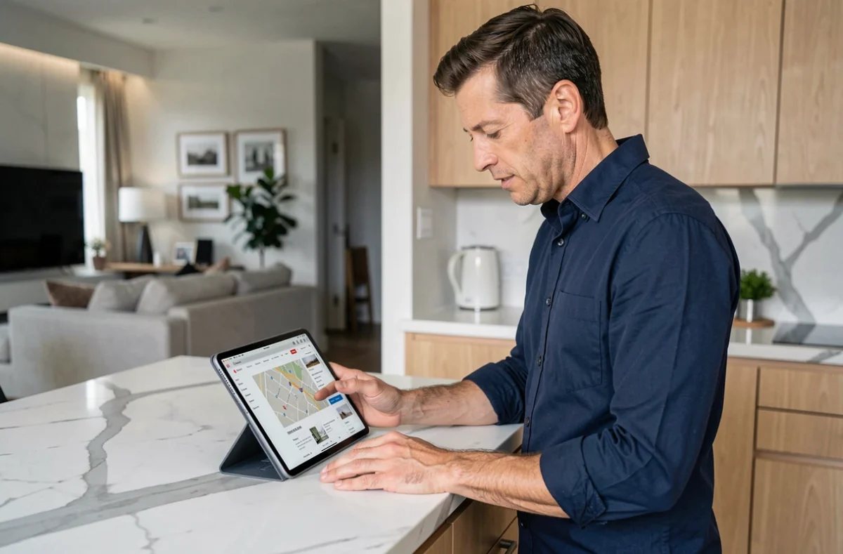 Homme consultant le plan du site d'un site de décoration sur une tablette dans une cuisine contemporaine lumineuse
