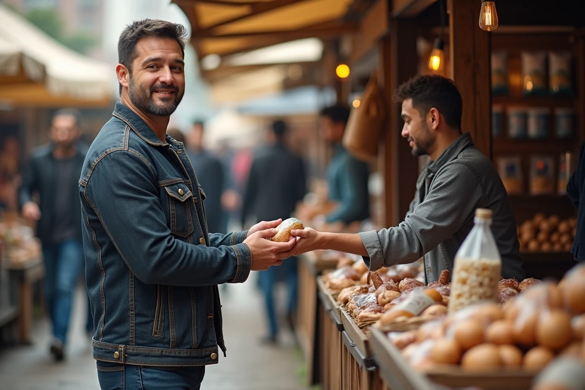 Homme vendant des produits sur un marché local comme méthode pour gagner 100 euros par jour