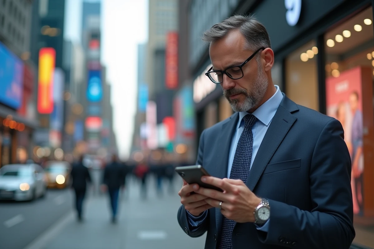 Homme d affaires dans la ville utilisant son smartphone