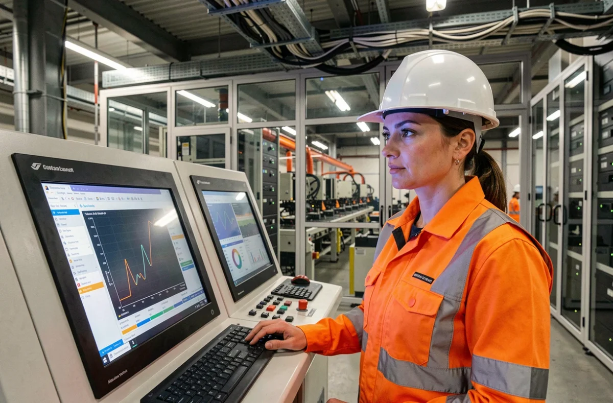 Ingénieure de maintenance analysant des données de diagnostic en temps réel sur un panneau de contrôle numérique dans une usine automatisée