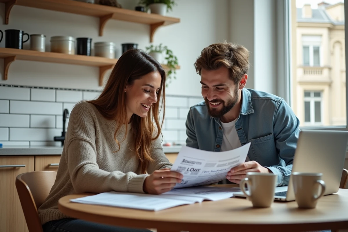 Jeune couple étudiant un guide immobilier ensemble dans une cuisine moderne de style parisien