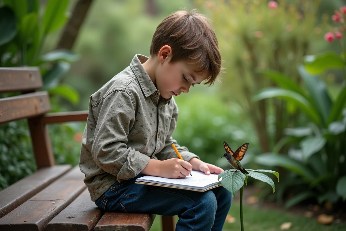 Jeune garçon dessinant avec un sphinx sur une feuille dans un jardin