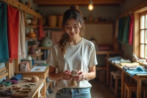 Jeune femme examine un butiko dans un atelier lumineux