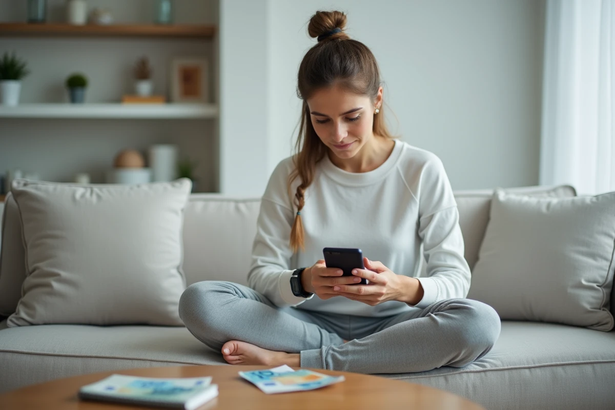 Jeune femme gérant ses revenus quotidiens sur smartphone avec des billets en euros sur la table