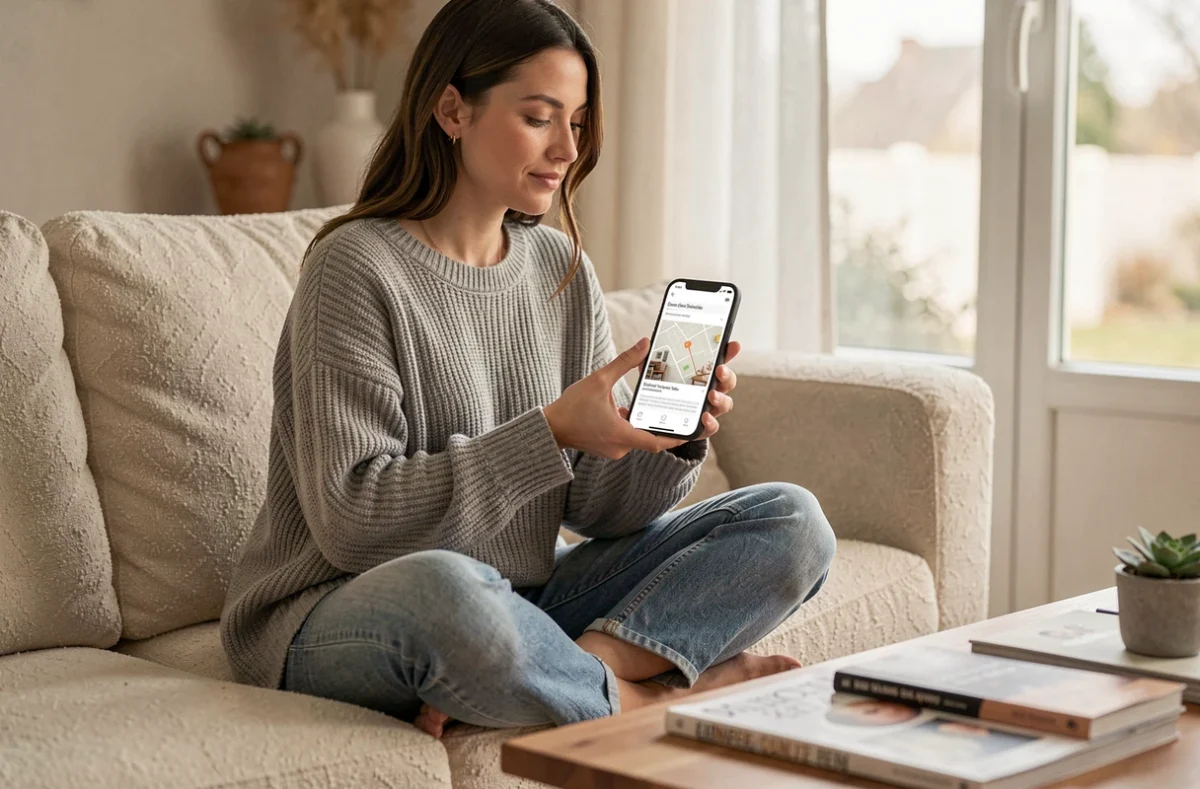 Jeune femme assise sur un canapé consultant le plan du site d'un blog de décoration intérieure sur smartphone