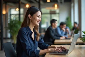 Jeune femme professionnelle travaillant sur un ordinateur dans un espace coworking