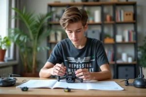 Jeune homme assemble un drone dans un bureau moderne
