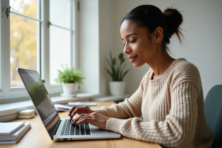 Locataire connectée à son espace client Foncia sur un ordinateur portable depuis son bureau à domicile