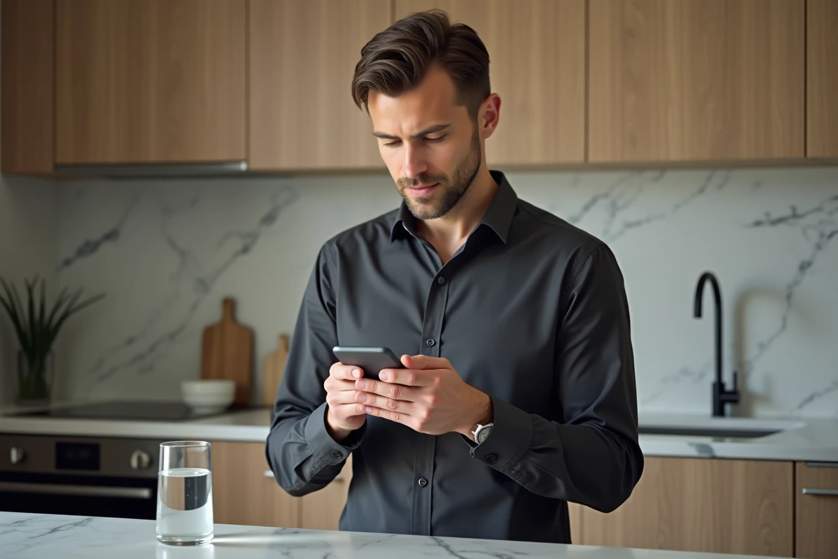 Homme consultant son espace locataire Foncia sur smartphone dans une cuisine moderne