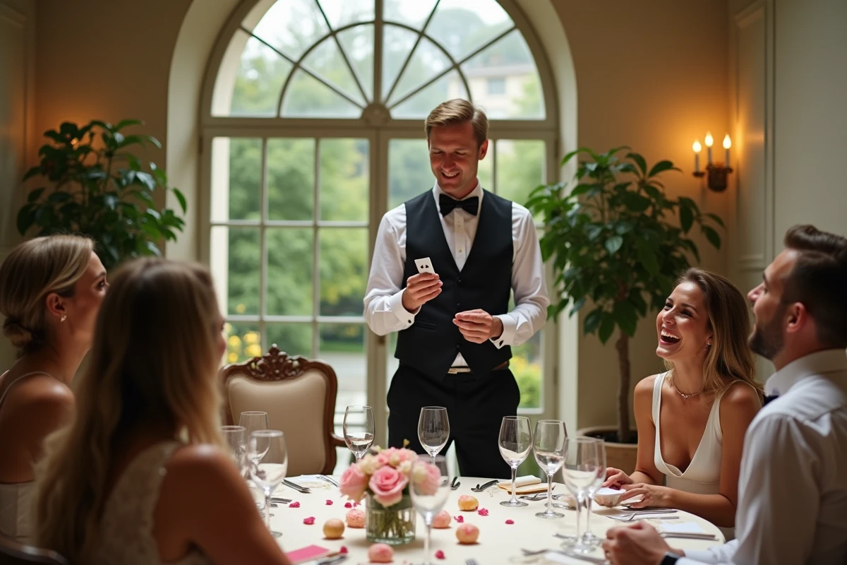 Magicien de mariage réalisant un tour de cartes pour des invités émerveillés lors d'un cocktail dans une orangerie de château