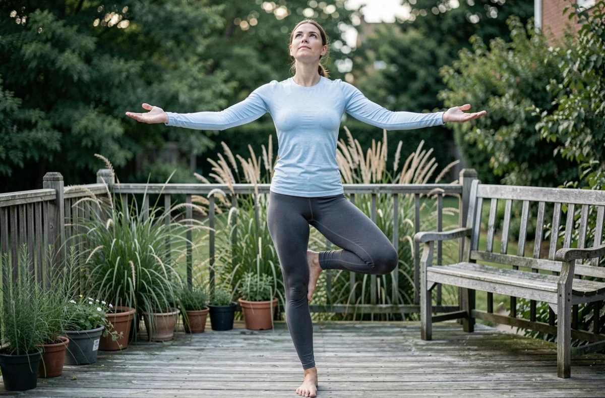Maman pratiquant le yoga en plein air sur une terrasse en bois entourée d'un jardin verdoyant et apaisant