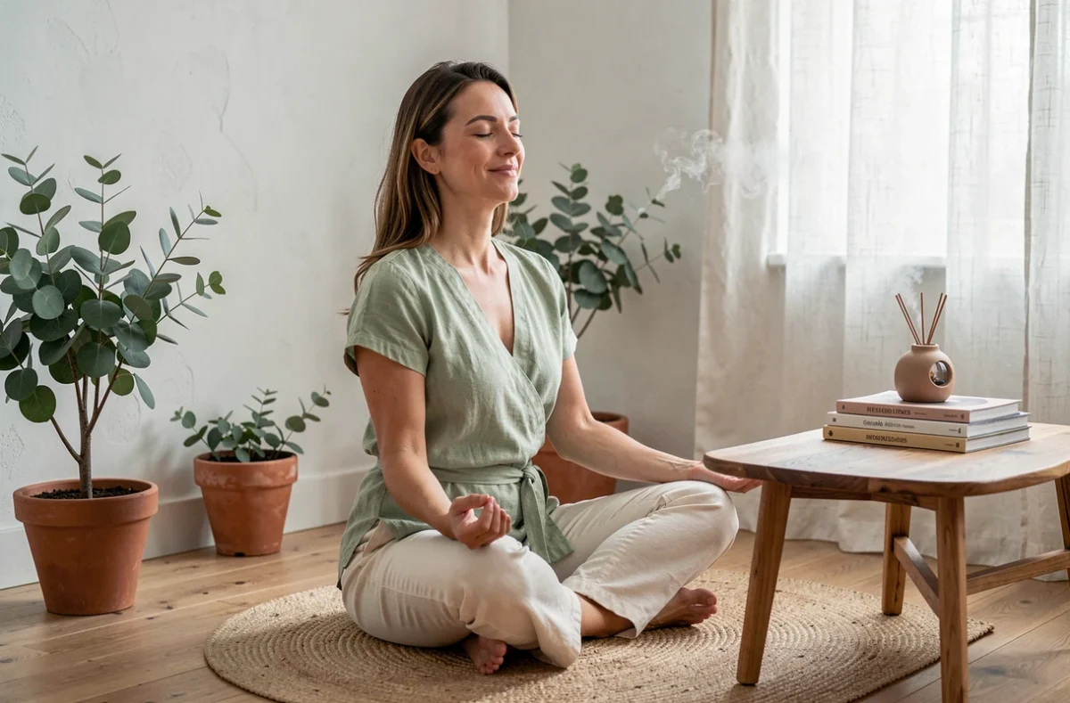 Maman zen pratiquant la méditation dans un salon minimaliste décoré de plantes et d'accessoires bien-être naturels