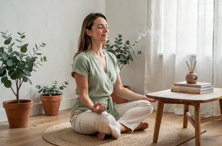 Maman zen pratiquant la méditation dans un salon minimaliste décoré de plantes et d'accessoires bien-être naturels
