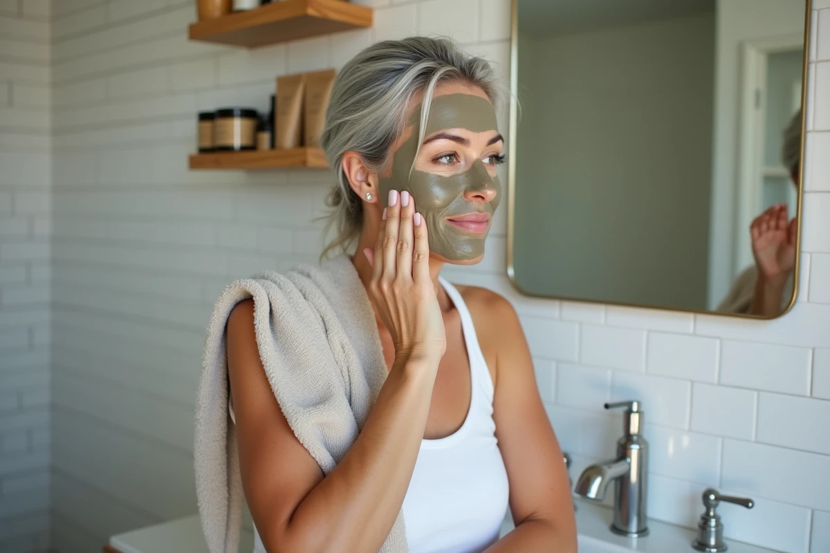Femme mature appliquant un masque à l'argile dans une salle de bain en marbre avec des produits de beauté naturels