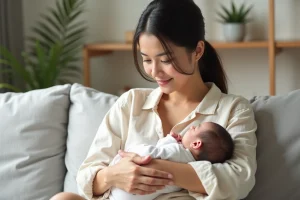 Jeune mère tenant son bébé dans ses bras sur un canapé en lin gris, moment de tendresse et d'éveil parental au quotidien