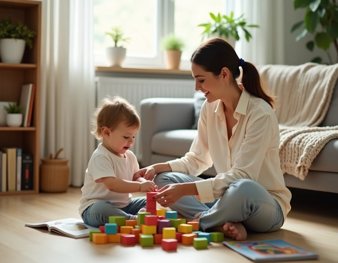 Mère et enfant en bas âge jouant ensemble avec des cubes en bois colorés sur le sol d'un salon chaleureux