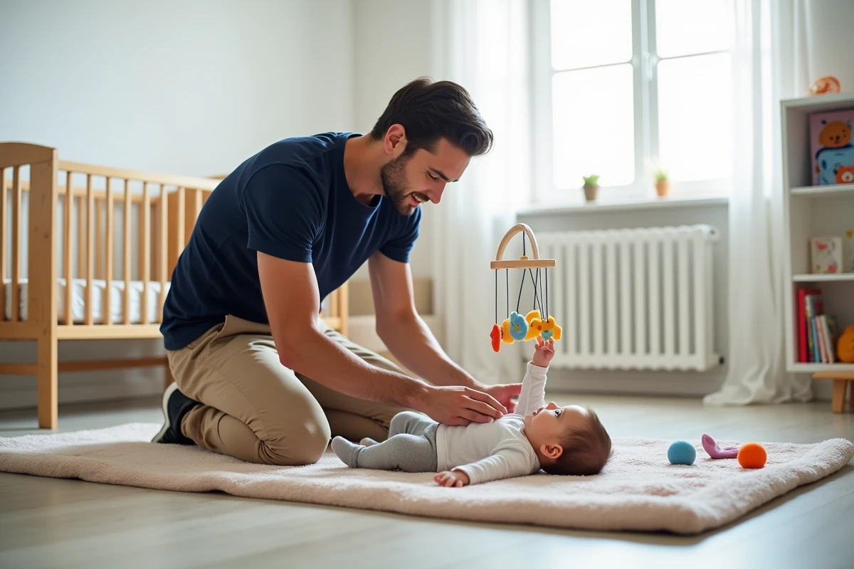 Père jouant avec son bébé sur un tapis d'éveil coloré dans une chambre de bébé moderne, stimulation sensorielle et développement moteur