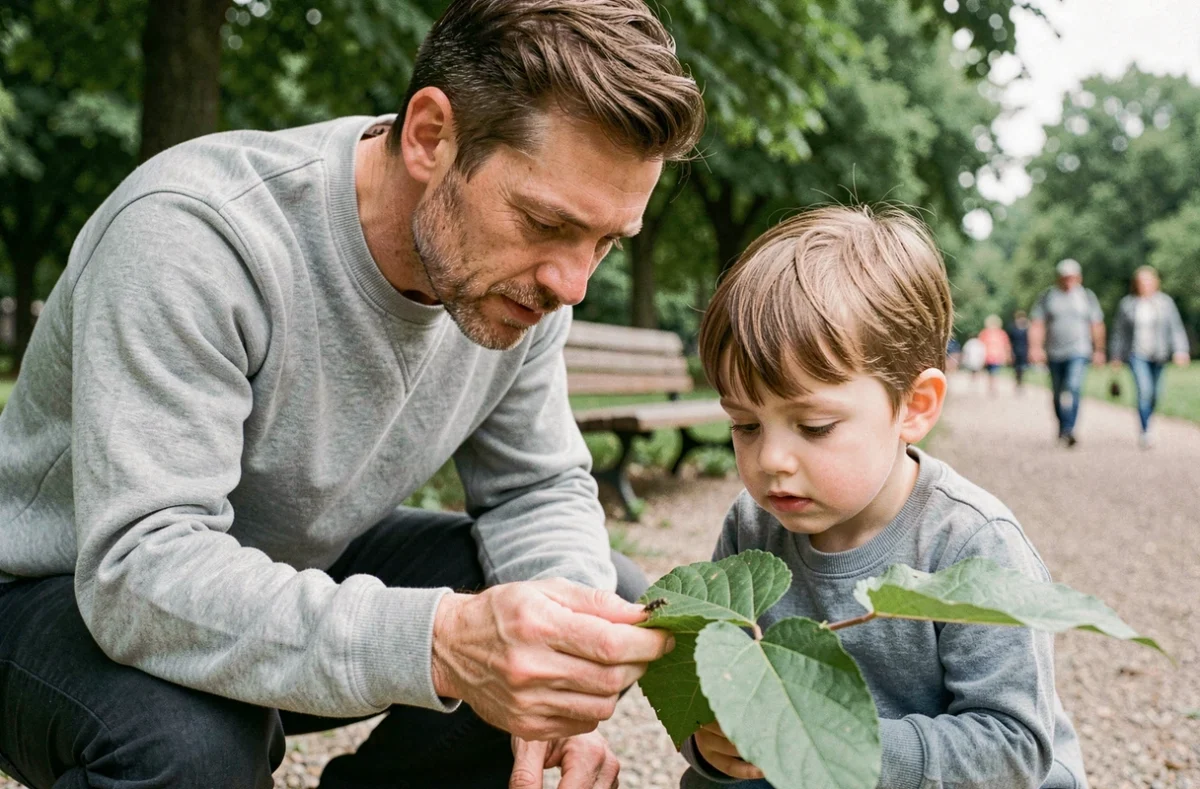 Père et enfant observant un insecte sur une feuille dans un parc urbain, moment de curiosité et d'éveil partagé