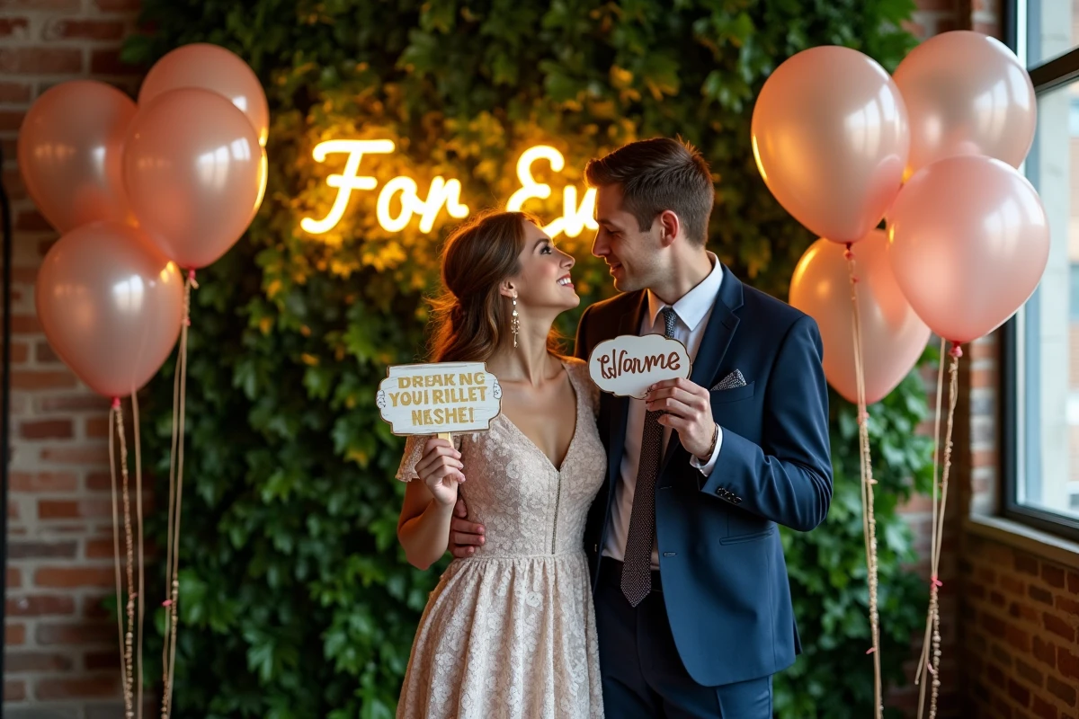 Photobooth de mariage tendance avec couple souriant devant un mur de verdure et néon romantique dans un loft industriel