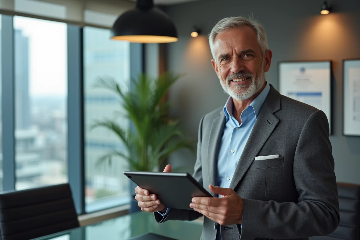 Senior professionnel présentant son portfolio lors d'un entretien de placement avec un consultant RH spécialisé