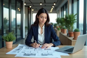 Professionnelle de l'immobilier analysant des documents et des plans dans un bureau moderne en 2024