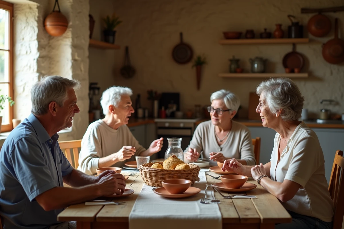 Famille française réunie autour d'un repas dominical dans une cuisine de campagne, représentant une coutume familiale et culturelle ancrée dans le quotidien