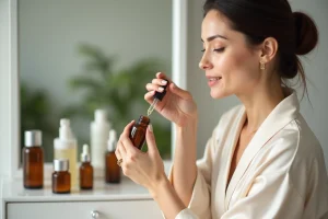Femme appliquant un sérum sur son visage devant une coiffeuse minimaliste avec des produits de soin haut de gamme