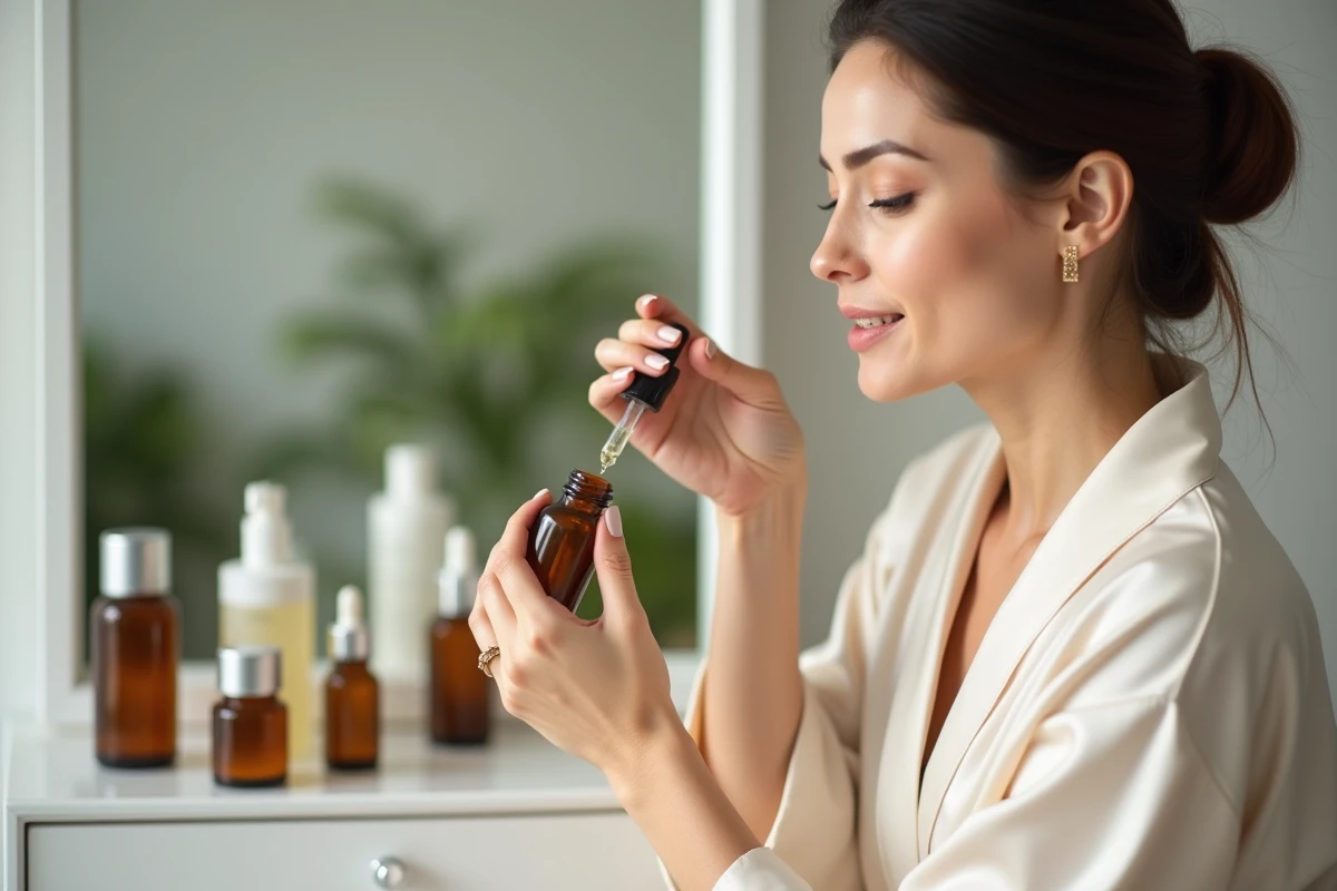 Femme appliquant un sérum sur son visage devant une coiffeuse minimaliste avec des produits de soin haut de gamme