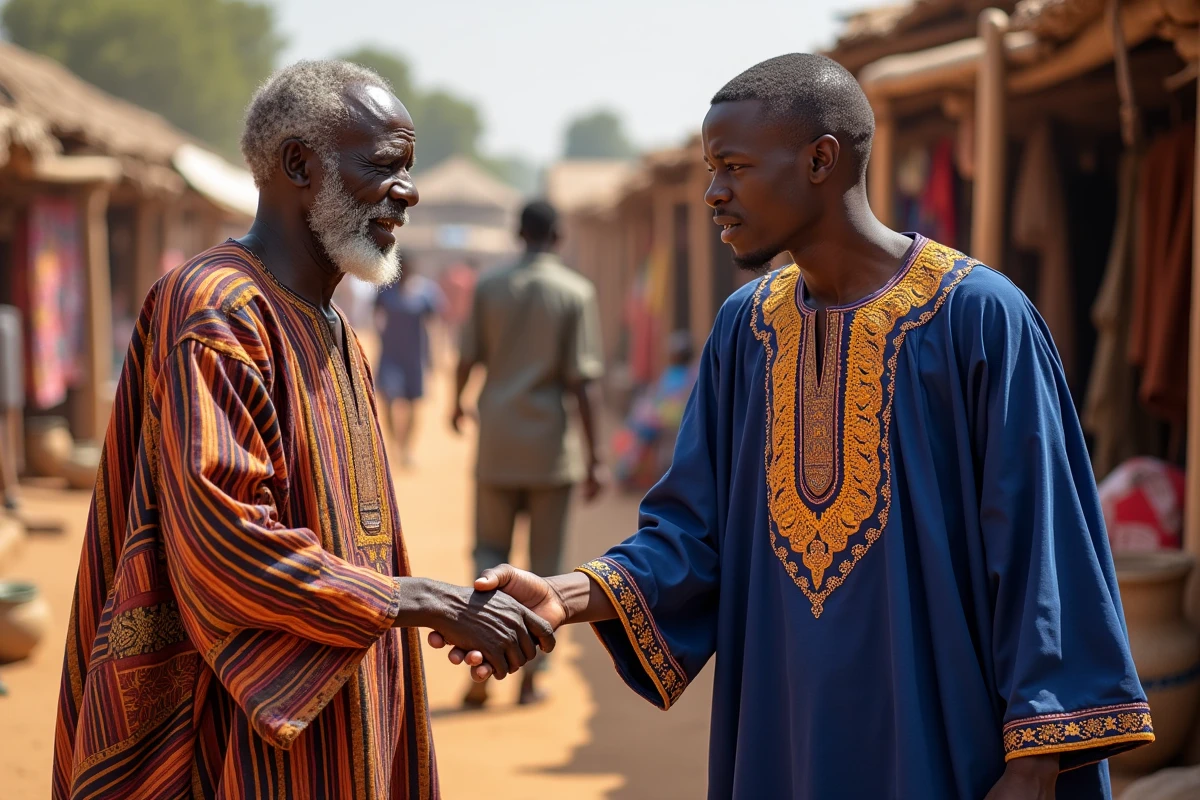 Jeune homme africain en boubou saluant respectueusement un ancien au marché, illustrant une coutume sociale et une tradition culturelle transmise par le geste