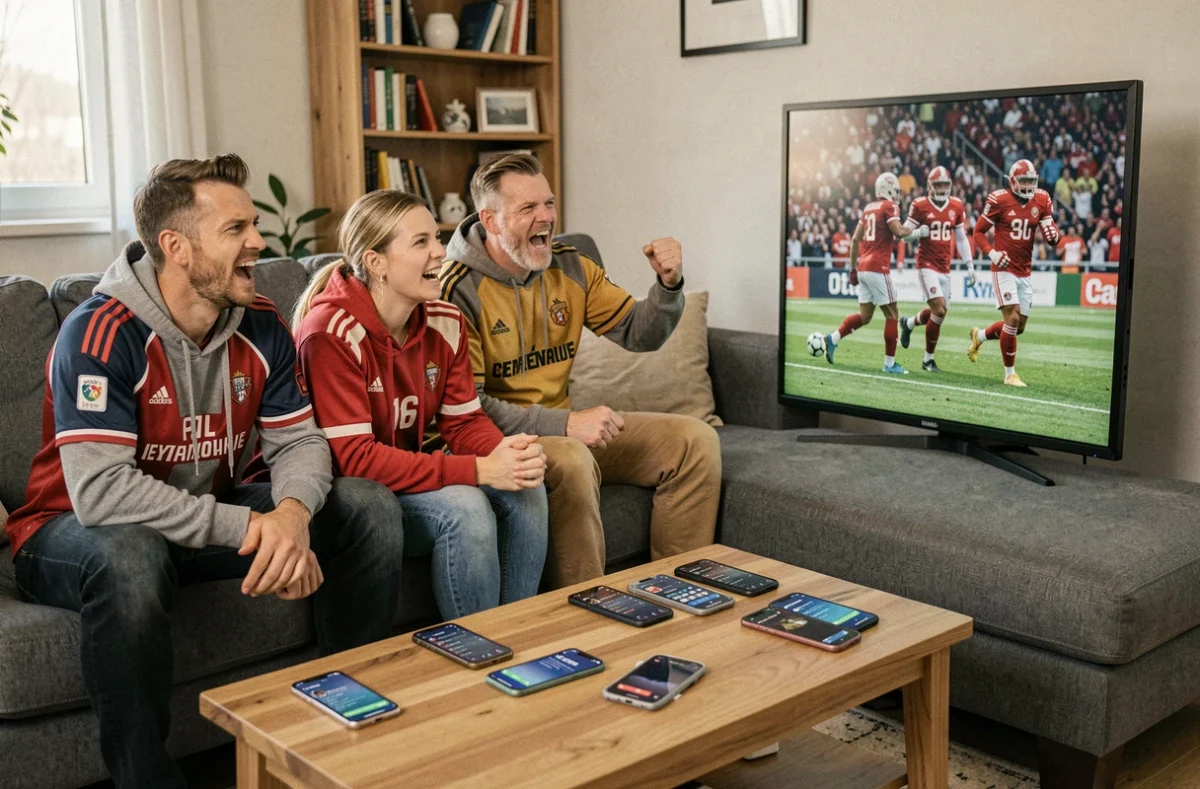 Groupe de supporters regardant un match sportif en direct à la télévision tout en consultant les résultats sur leurs smartphones