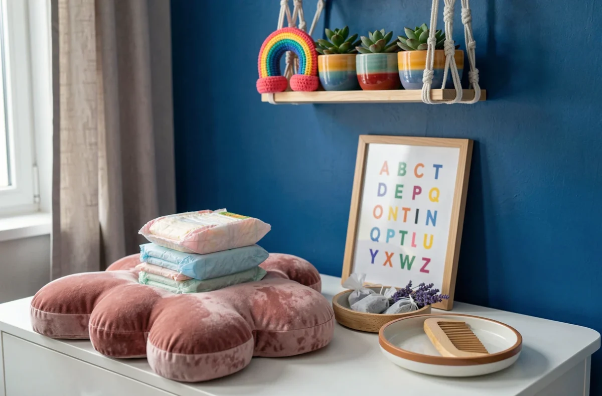 Table à langer de chambre bébé tendance avec accessoires colorés en velours, céramique et macramé sur fond bleu cobalt