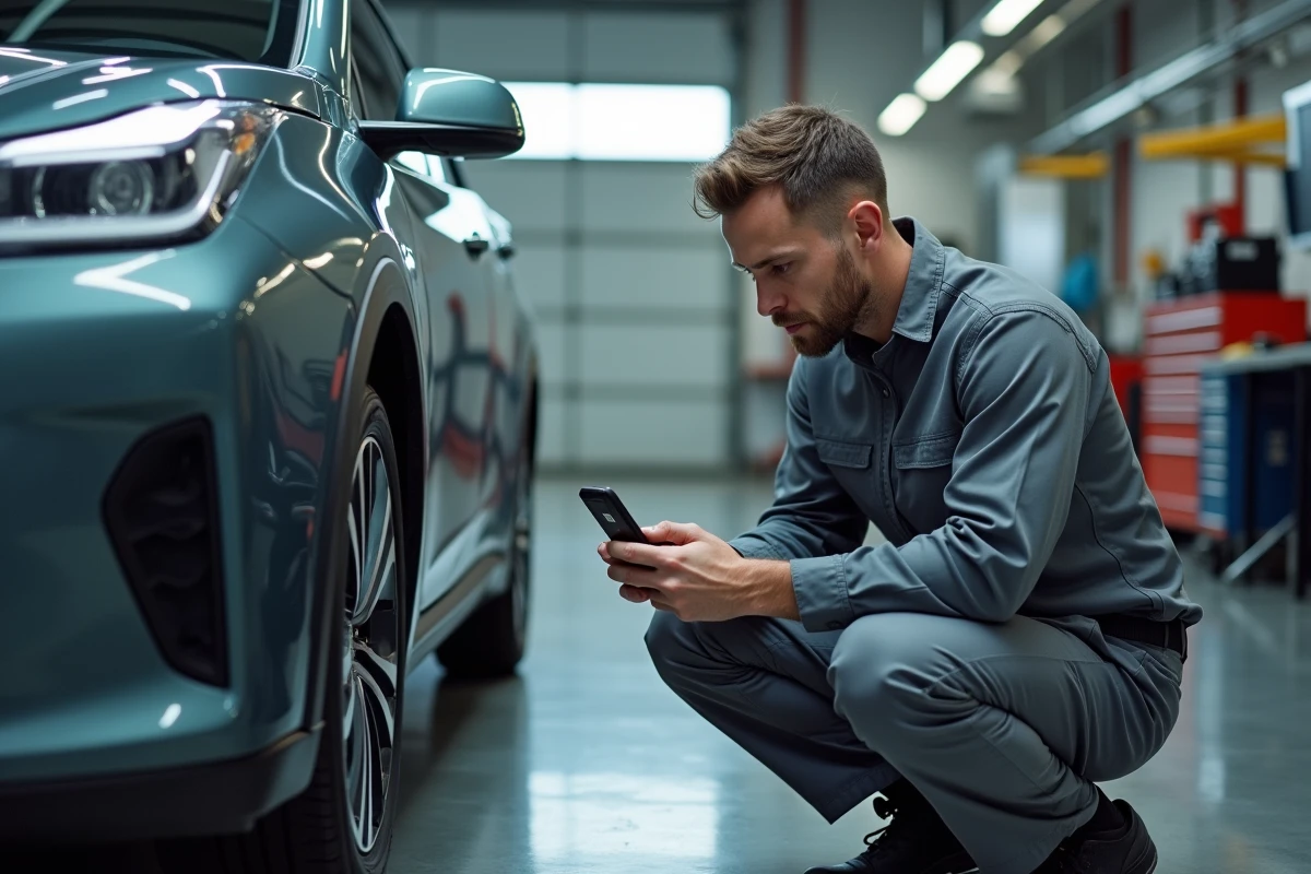 Technicien automobile utilisant un smartphone pour diagnostiquer un véhicule électrique de flotte dans un atelier professionnel connecté
