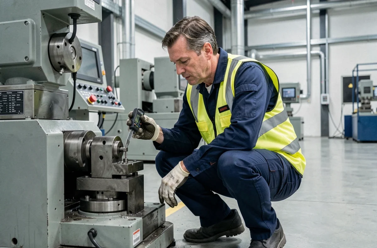 Technicien industriel inspectant une machine CNC sur un plancher d'usine moderne lors d'une opération de maintenance préventive