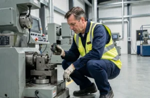 Technicien industriel inspectant une machine CNC sur un plancher d'usine moderne lors d'une opération de maintenance préventive