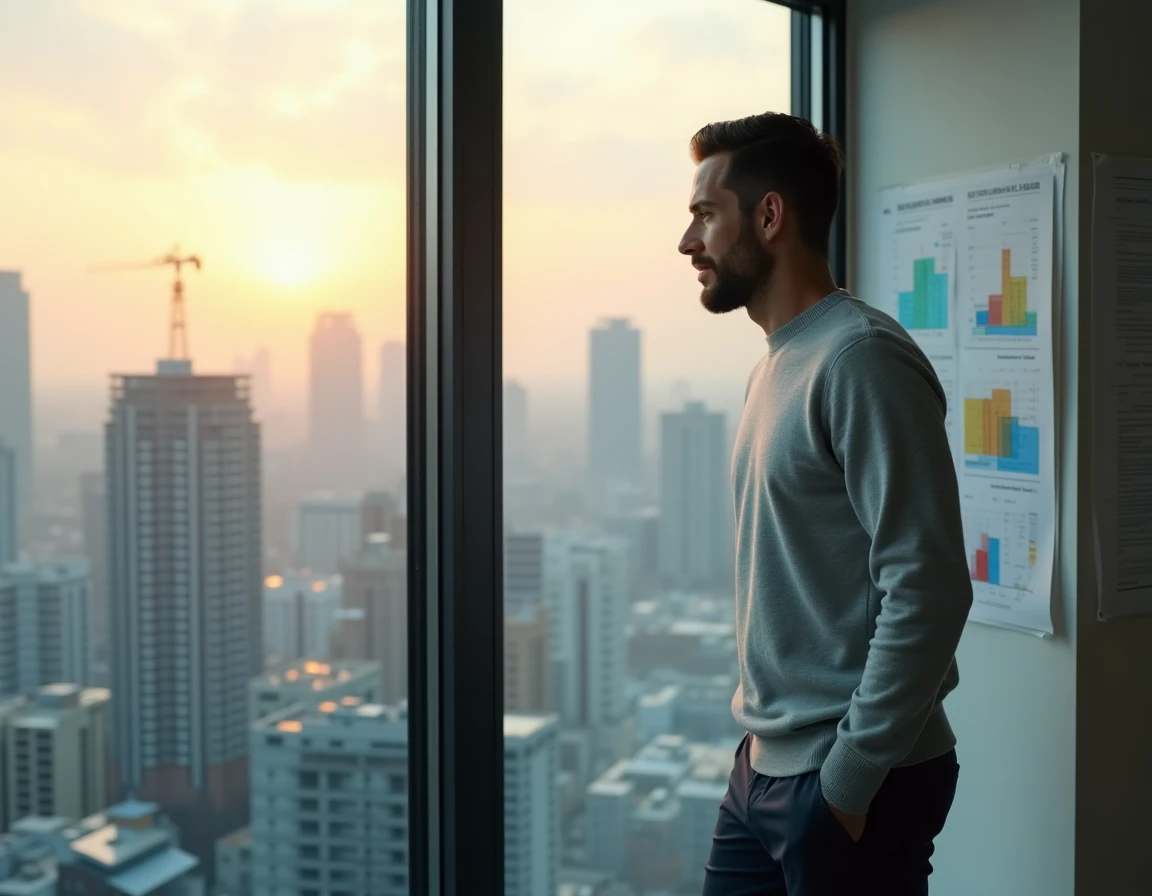 Urbaniste observant la skyline urbaine depuis un bureau en hauteur avec grues de construction en arrière-plan