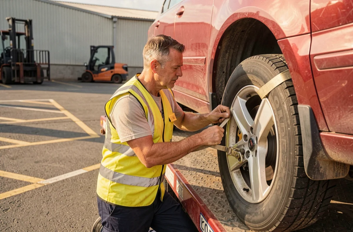 Technicien en gilet jaune vérifiant les sangles d'arrimage d'un véhicule sur un camion transporteur