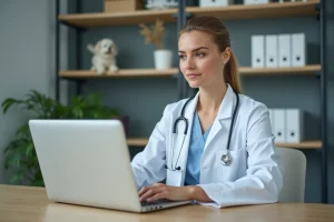 Vétérinaire femme connectée à l'interface GMVET 1 sur un ordinateur portable dans une clinique vétérinaire