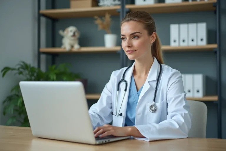 Vétérinaire femme connectée à l'interface GMVET 1 sur un ordinateur portable dans une clinique vétérinaire