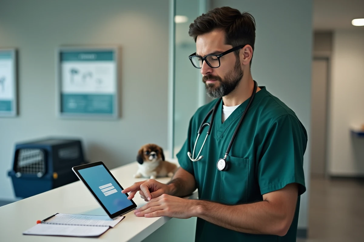 Vétérinaire homme utilisant une tablette pour accéder au logiciel GMVET 1 à la réception d'une clinique animale